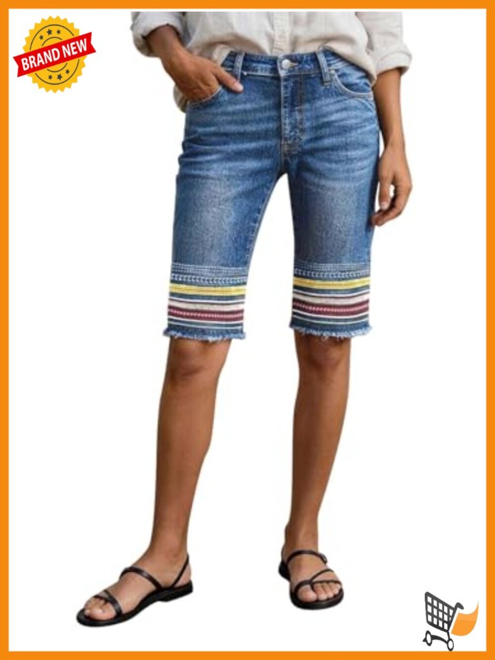 Tribal Embroidery Bermuda Shorts Raw Hem Stretchy Jean Shorts Boho Casual Denim